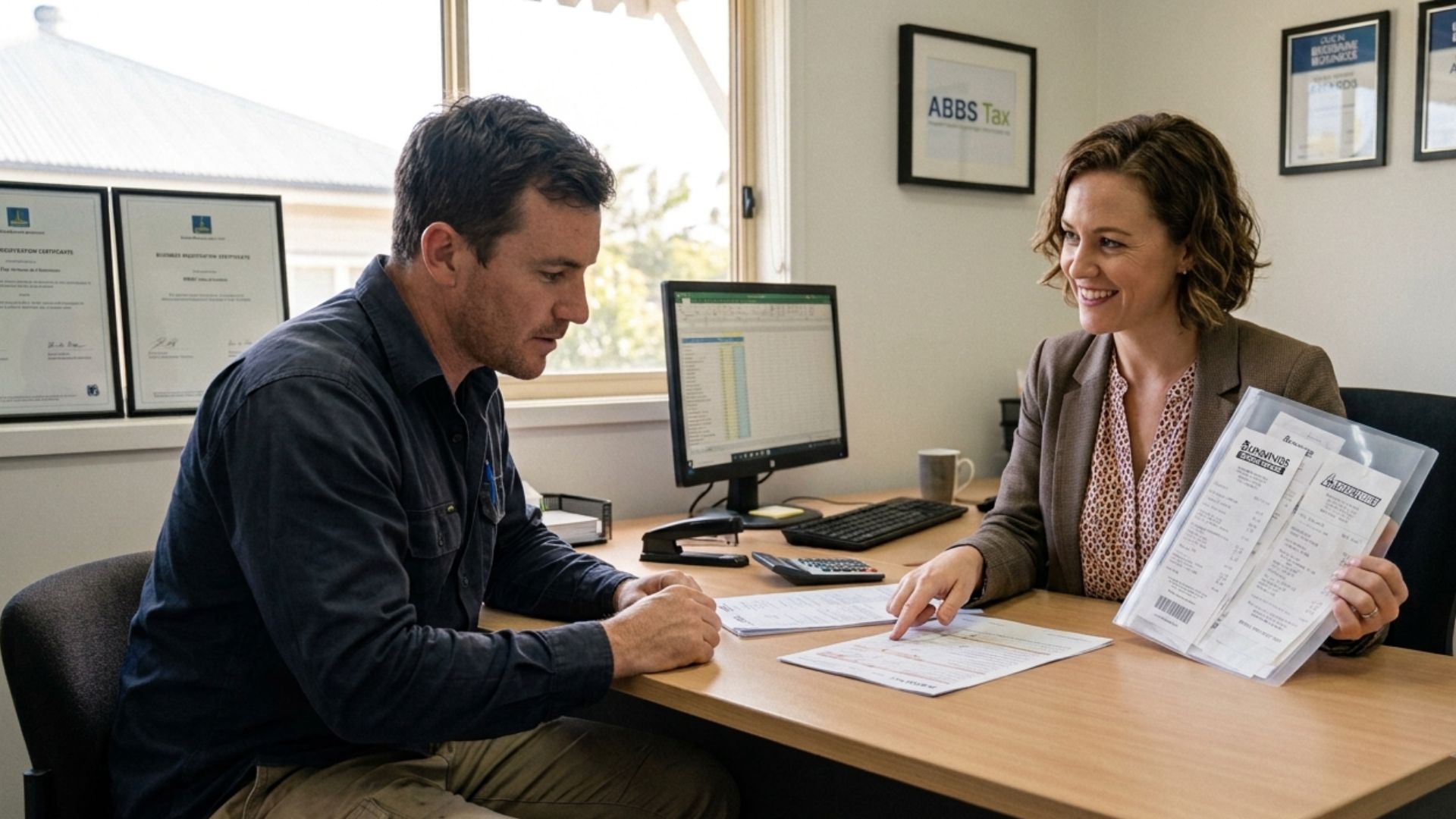 A male tradie in a work shirt consulting an accountant about Tradie Tax Deductions in an office setting.
